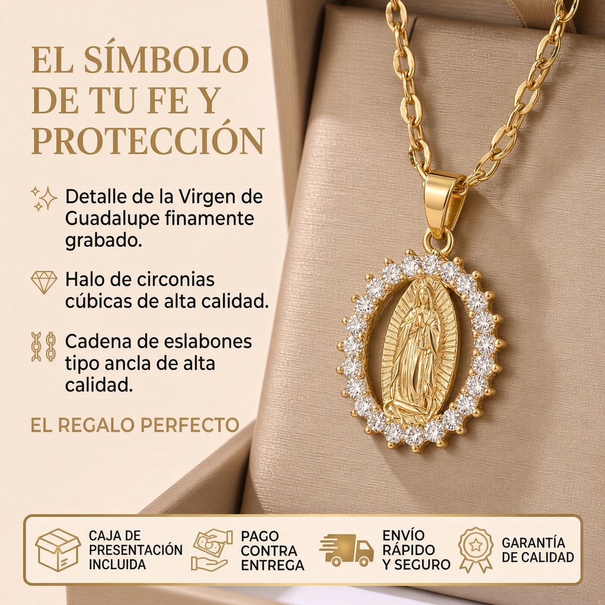 Collar Virgen Guadalupe Chapada en Oro 18k + Caja Regalo